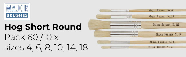 Major Brushes Hog Short Round Pack 60 /10 x sizes 4, 6, 8, 10, 14, 18