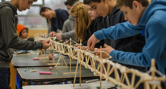 students building a bridge out of wood