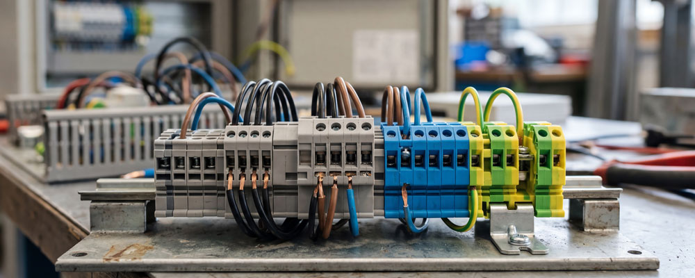 Multiple DIN rail terminal blocks mounted securely on a standard metal DIN rail