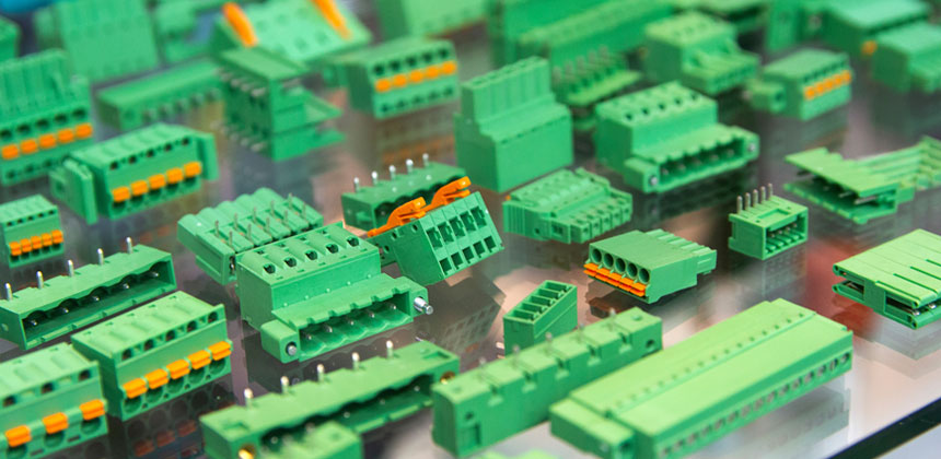 DIN rail and PCB mount terminal blocks arranged for a control panel build